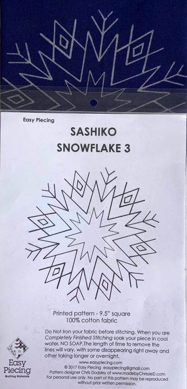 Number 3 Sashiko Snowflake pre-printed pattern. One skein of thread needed. Not included. Pattern washes out. Each square is 9.5"  Sale $3.98 Was $7.95