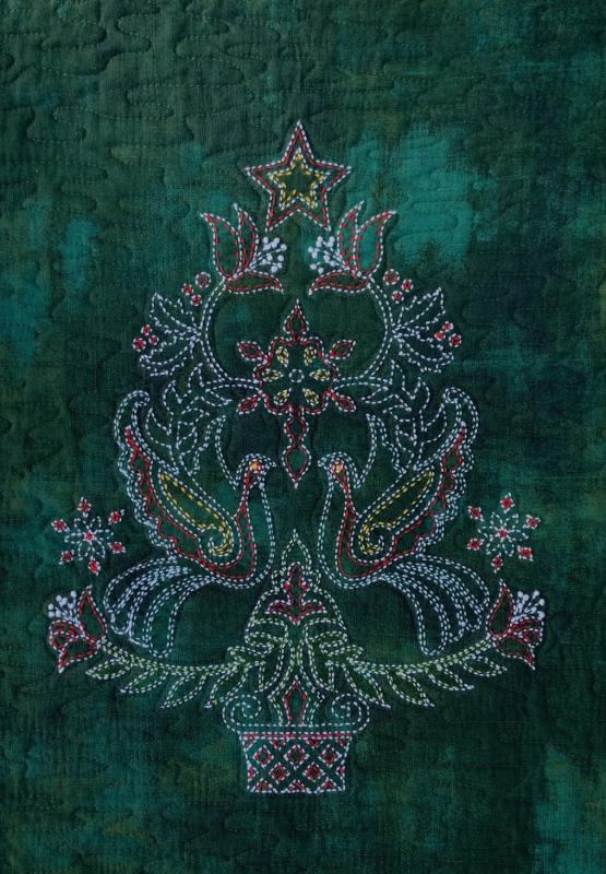 Nordic Christmas Tree Sashiko panel pre-printed on dark green Grunge fabric. Includes instructions. 14 x20. Thread not included. Olympus white #1,light green #6, red #15, yellow #16, aqua #8. We have the threads, you need one package of each. $24