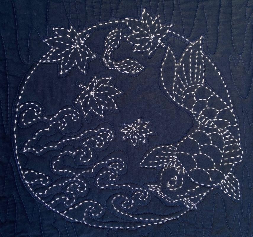 AUTUMN- dark blue fabric
Koi, waves and fall leaves bring to life Autumn on our 
12.5" pre-printed Sashiko block. Sashiko patterns are printed in solid lines for the intermediate to advance stitcher who have an
understanding of the running stitch. Sashiko stitching lines are
removed using steam from your iron after you finish. Printed on 100% cotton fabric. We have the threads. You need one package. was $9.95- sale $7.95