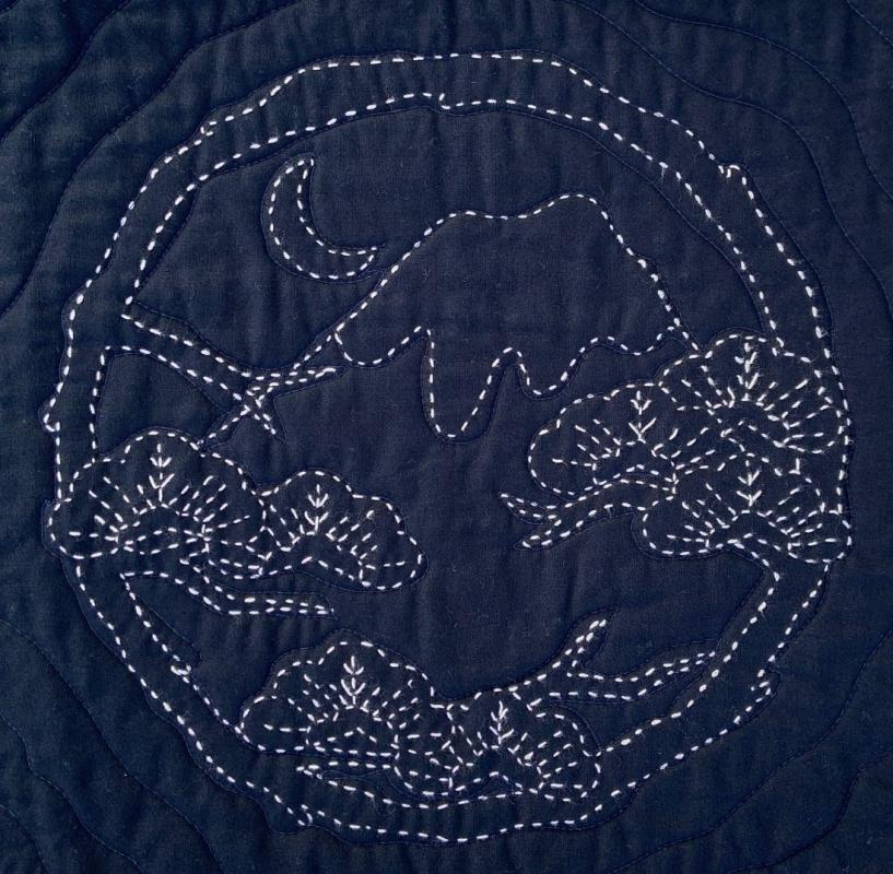 WINTER- dark blue fabric
Mount Fuji, pine trees and a crescent moon represent Winter on our 12.5" pre-printed Sashiko block. Sashiko patterns are printed in solid linesfor the intermediate to advance stitcher who have an
understanding of the running stitch. Sashiko stitching lines are removed using steam from your iron after you finish. Printed on 100% cotton
fabric. Thread not included. You need one package  sale $4.98 was $9.95