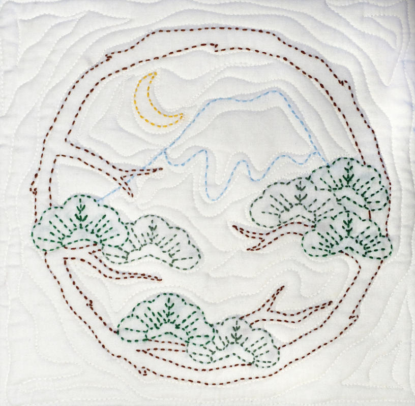 WINTER- Cream fabric-
Mount Fuji, pine trees and a crescent moon represent Winter on our 
12.5" pre-printed Sashiko block. Sashiko patterns are printed in solid lines
for the intermediate to advance stitcher who have an
understanding of the running stitch. Pattern washes out.
Thread not included. We have the threads. You need one package each of Olympus#26,7,3,16,8  - was $9.95- sale $7.95