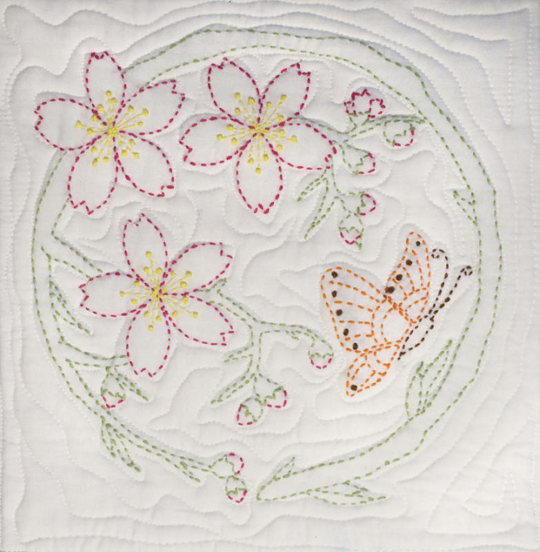 SPRING- Cream fabric- Cherry blossoms and a butterfly are enclosed in a circle for our 
12.5" pre-printed Sashiko block. Sashiko patterns are printed in solid lines
for the intermediate to advance stitcher who have an
understanding of the running stitch. Pattern washes out.
Thread not included. We have the threads. You need one package each of Olympus#21,29,6,3,22- $9.95