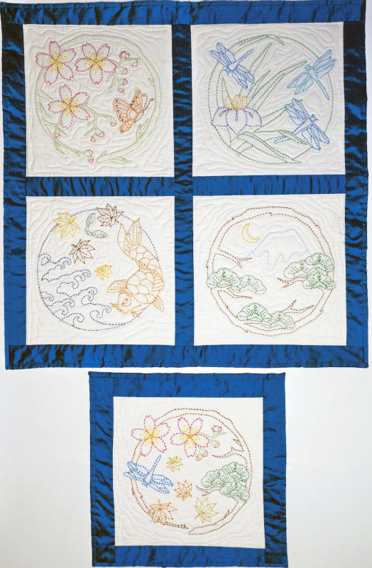 Four Seasons -All five patterns in Cream 
Five 12.5" pre-printed Sashiko patterns
Sashiko patterns are printed in solid lines
for the intermediate to advance stitcher who have an
understanding of the running stitch.  Pattern washes out.
Thread and needles are not included. 2 skeins of one color with make all 5 patterns. We have the threads.  $45/set of 5- sale $36