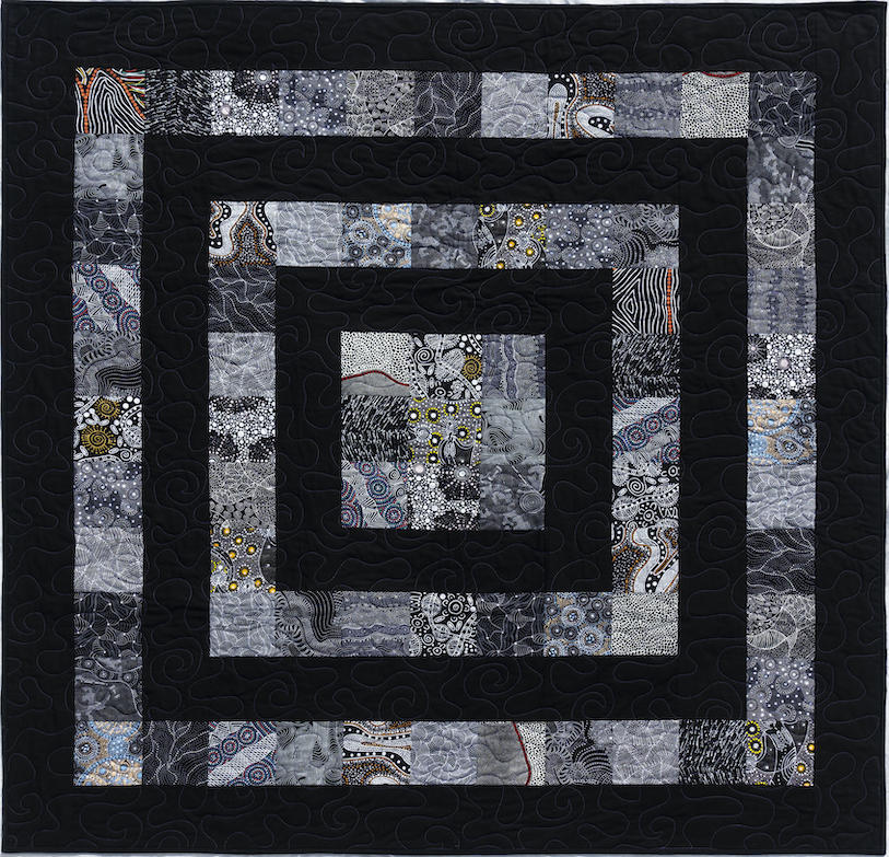 Aboriginal Easy Square Quilt Kit. 
Easy quilt for beginners. Kit includes precut squares & black fabric for sashing & binding, pattern included. Finishes 57"x 57" 100% cotton. $55.00