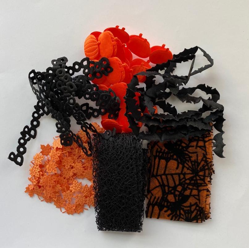 Halloween #1-cut out ribbon pack. Ribbons can be sewn or glued. polyester. 1 yard of each. Was $11.66- sale $5.83