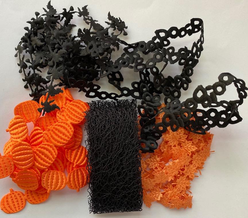 Halloween #2-cut out ribbon pack. Ribbons can be sewn or glued. polyester. 1 yard of each. Was $10.41- sale $5.20