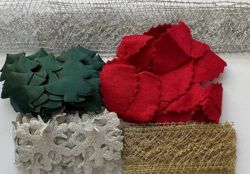 Christmas #3 cut out ribbon pack. Ribbons can be sewn or glued. polyester. 1 yard of each. Was $10.45- sale $5.22