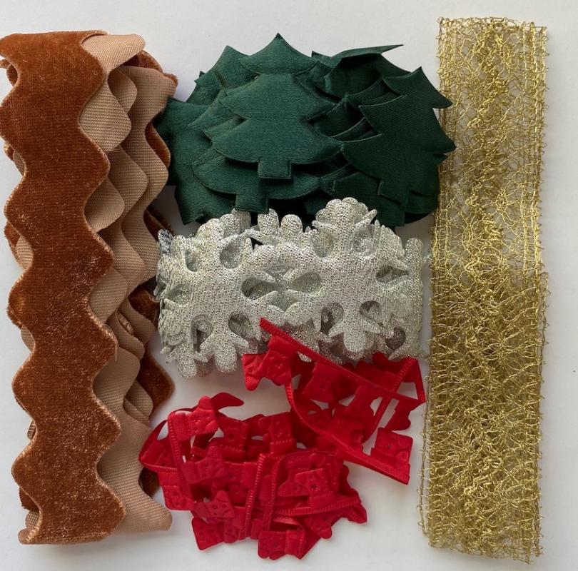 Christmas #2 cut out ribbon pack. Ribbons can be sewn or glued. polyester. 1 yard of each. Was $12.65- sale $6.32