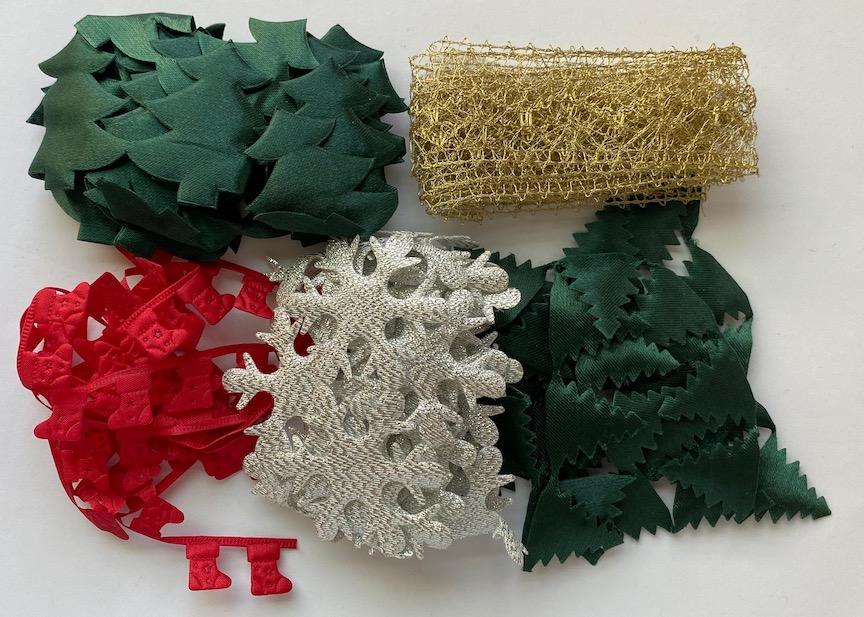 Christmas #1cut out ribbon pack. Ribbons can be sewn or glued. polyester. 1 yard of each. Was $10.70- sale $5.35
