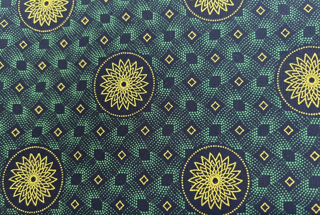 Shweshwe green yellow black floral circle-35-36" wide- 100% cotton-Sale $10.50 was $15yd