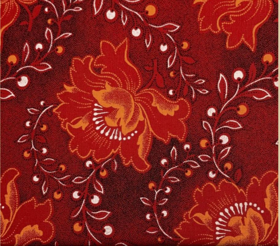 Shweshwe orange red white black flowers-35-36" wide- 100% cotton-Sale $10.50 was $15yd