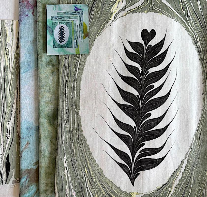 HAND MARBLED  wall hanging kit. Kit includes: pictorial marbled panel, fabric for front, & backing. Pattern is the small photo and is included. 27 x 30.5" all cotton. Sale $30. was $60. 