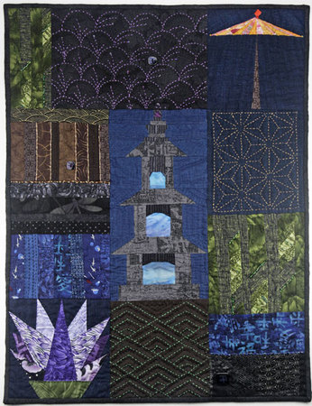 Japan by Way of Randall, this quilt is published in the book Pieced Symbols, Quilt Blocks From The Global Village by Myrah Brown Green. Japanese fabrics, sashiko, beading, paper piecing, hand quilting.